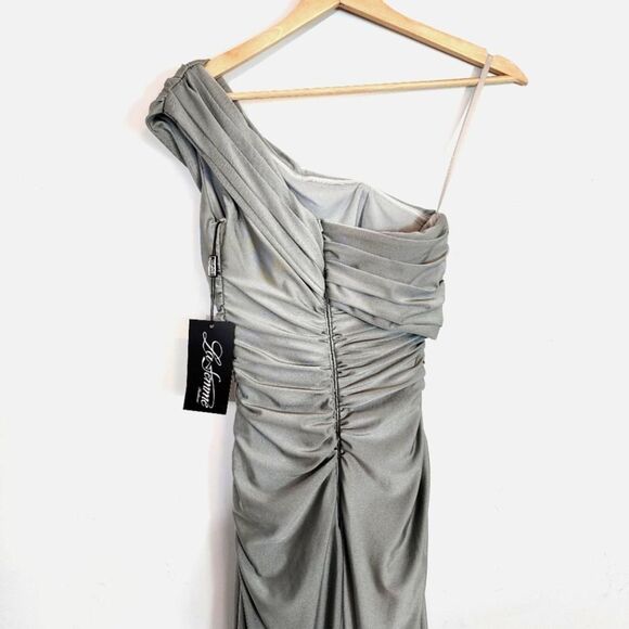 NWT La Femme 29619 One Shoulder Ruched Bodice Side Slit Jersey Gown Dress Size 0 - Picture 8 of 14